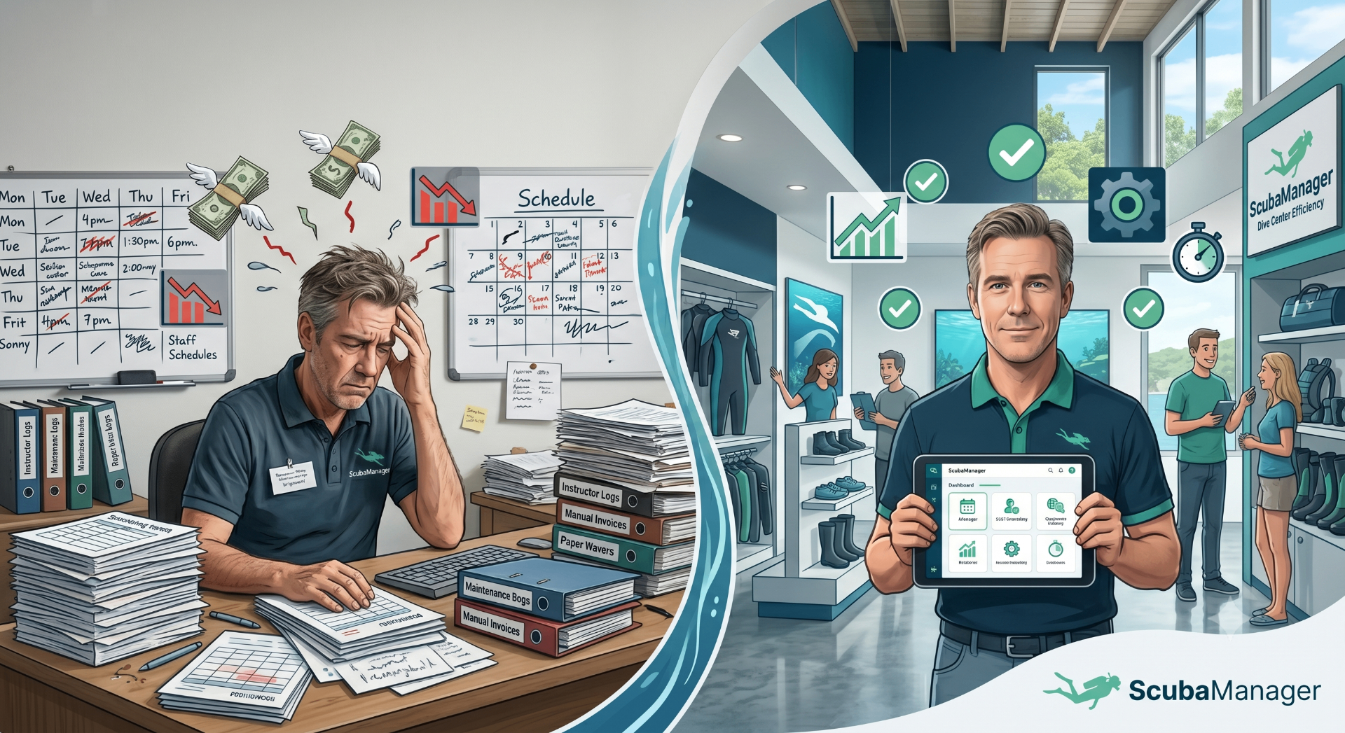 Split illustration: a stressed dive shop owner buried in paperwork versus a calm owner running the shop from a tablet with Scuba Manager