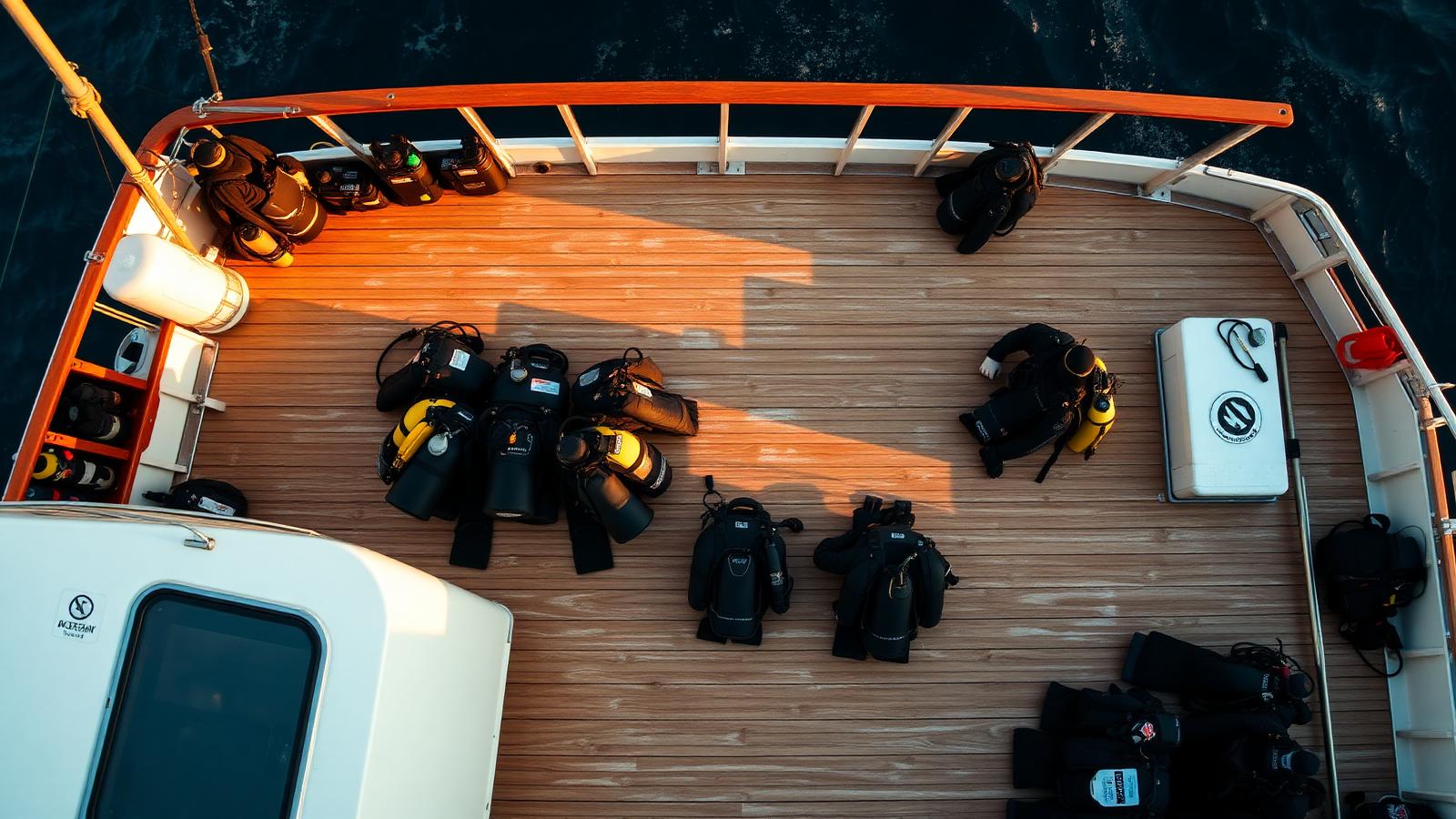 Top-down view of a dive boat deck with organised scuba gear
