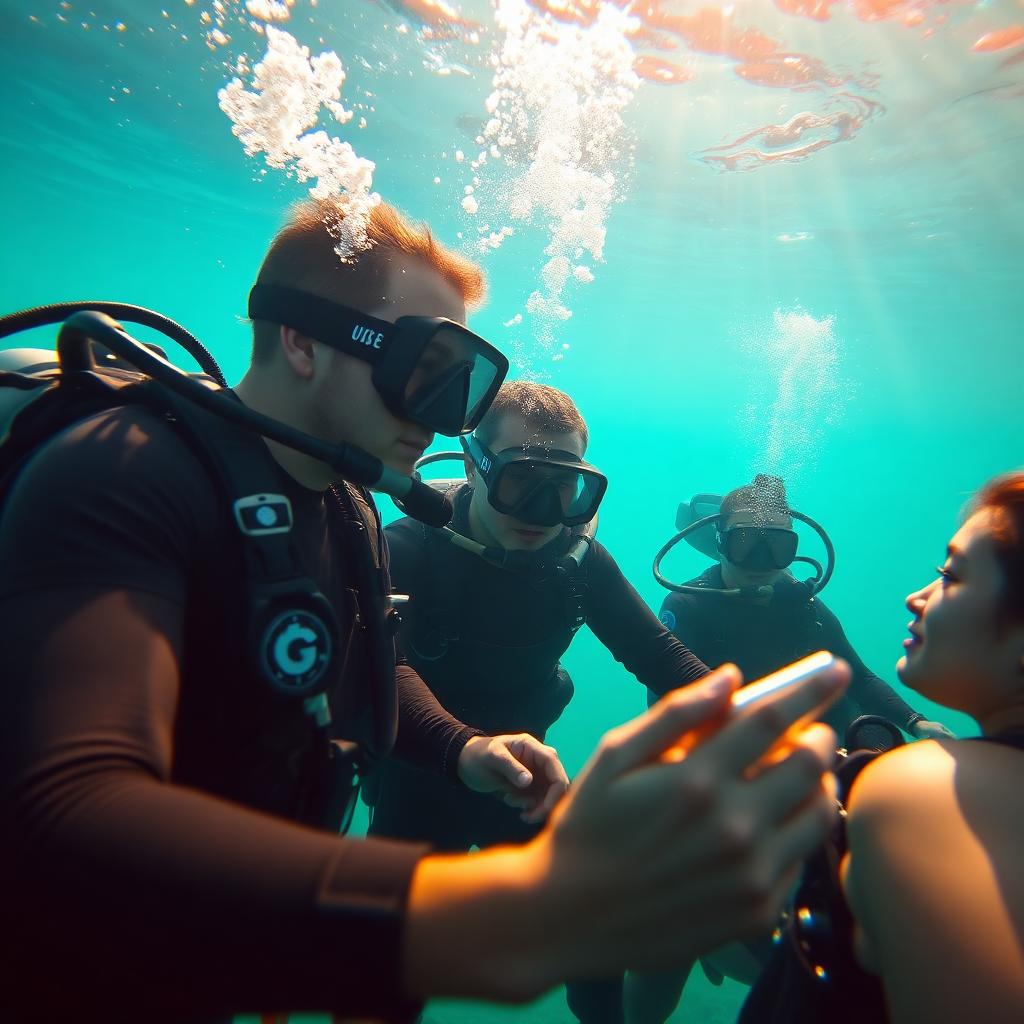 Scuba instructor guiding students underwater in warm turquoise water